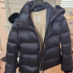 Navy Gorski jacket with detachable hood never worn size small